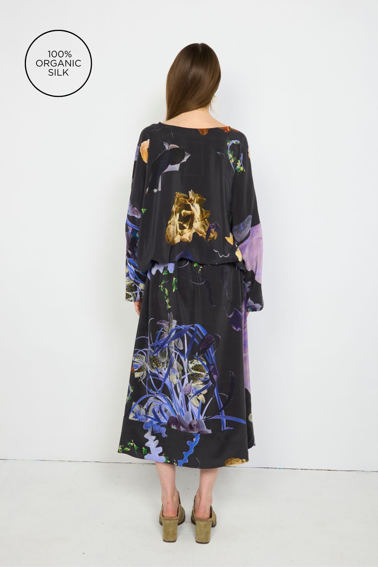 silk printed dress design Black Block Print Luxurious Soft Long Dress